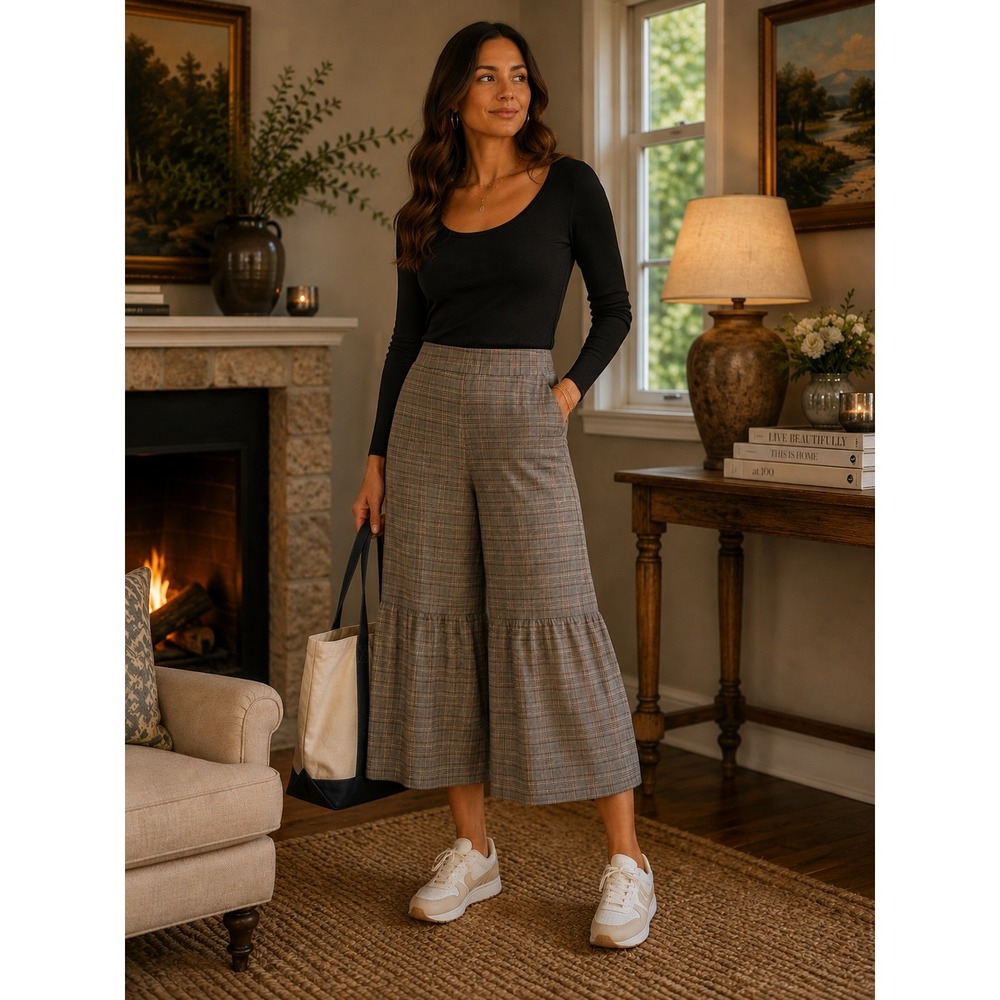 BCBGeneration Pants Womens Small Gray Plaid Wide Leg Tiered Ruffle Boho